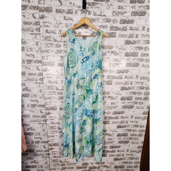 J Jill Silk Blend Maxi Dress Size Large Green Tie Dye Sleeveless Coastal - Picture 1 of 16